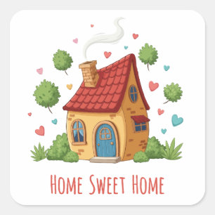  Cosy Cottage "Home Sweet Home" Cute Illustration Square Sticker