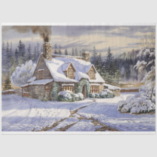 Cosy Cottage Landscape Winter Watercolor Decoupage Tissue Paper