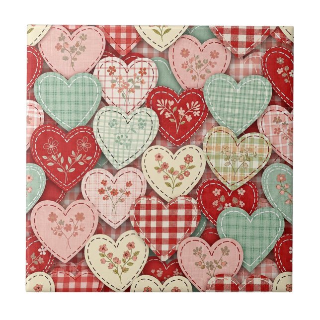 Cosy Cottage Patchwork Heart Plaid Design Tile (Front)