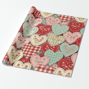 Cosy Cottage Patchwork Heart Plaid Design Wrapping Paper