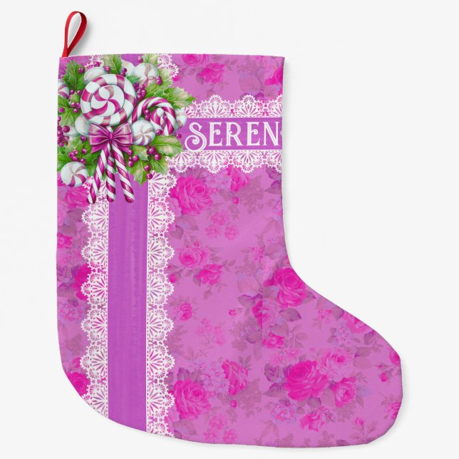Cosy Cottage Pink and Purple Christmas Stocking (Front)