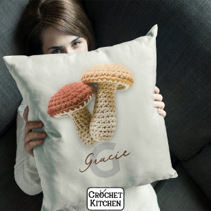 Cosy Cottagecore Crochet Mushroom Monogram Name Cushion