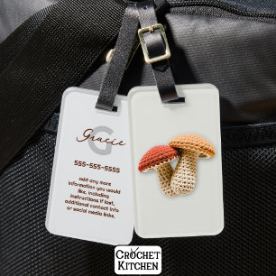 Cosy Cottagecore Crochet Mushroom Monogram Name  Luggage Tag