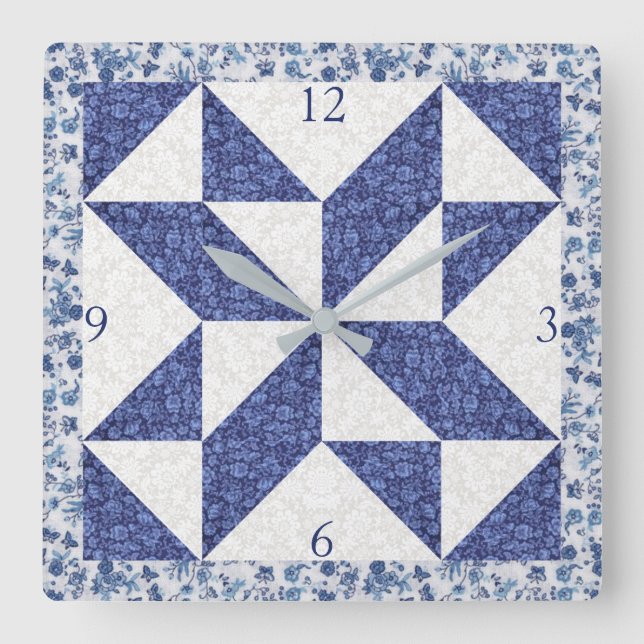 Cosy Country Blue White Calico Faux Quilt Square  Wall Clock (Front)