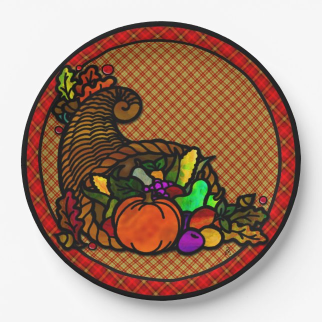 Cosy Country Cornucopia on Plaid Paper Plate (Front)