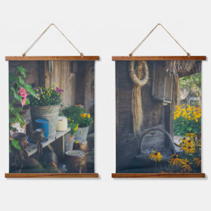 Cosy country cottage porch adorned with flowers hanging tapestry