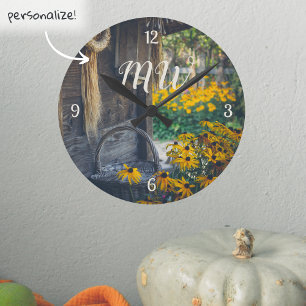 Cosy country cottage with yellow flowers round clock
