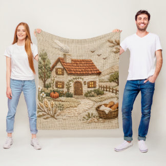 Cosy Countryside Cottage – Rustic Embroidery Style Fleece Blanket