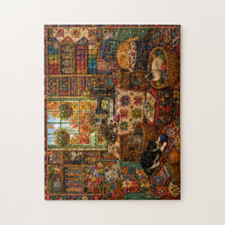 Cosy Craft Room Cats Watercolor Jigsaw Puzzle | Qu