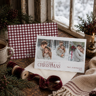 Cosy Cranberry Gingham Newlywed Christmas Photo Holiday Card