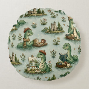 Cosy Cryptids Nessie Loch Ness Monster hobbies Round Cushion