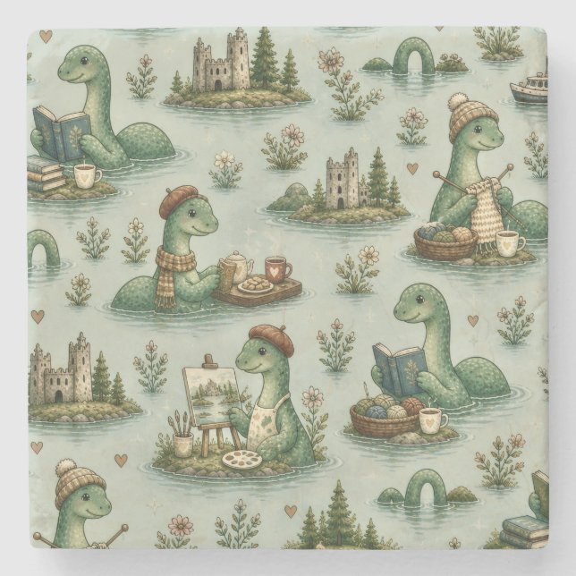 Cosy Cryptids Nessie Loch Ness Monster hobbies  Stone Coaster (Front)