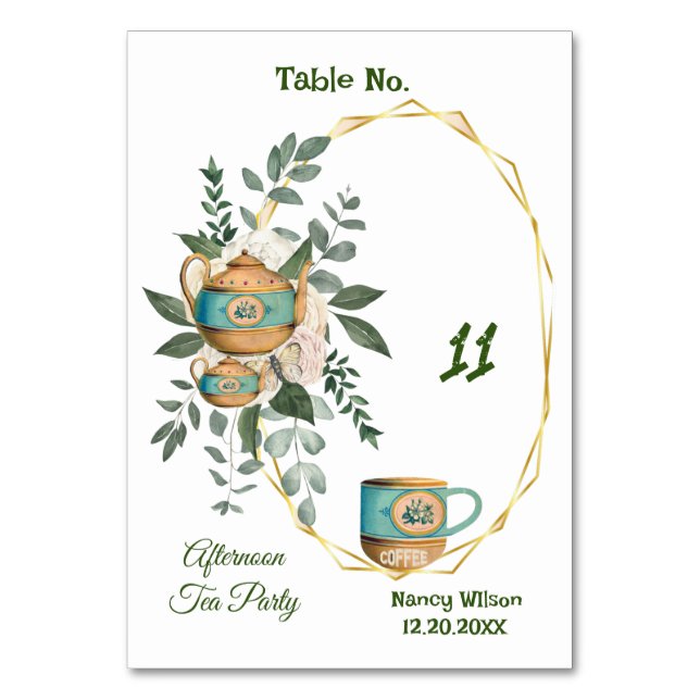 Cosy Cup Teapot Greenery Afternoon High Tea Party Table Number (Front)