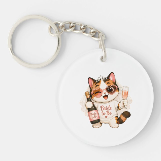 Cosy Cute Calico Cat Bride to Be Key Ring (Front)