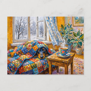 Cosy Dachshund Resting on Patchwork Winter Blanket Postcard