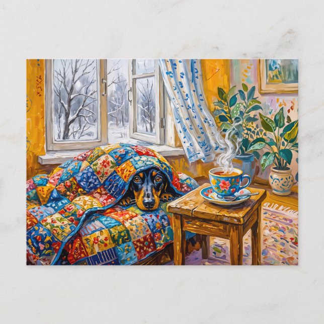 Cosy Dachshund Resting on Patchwork Winter Blanket Postcard (Front)