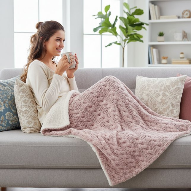 Cosy Dusty Rose Faux Cable Knit Pattern Sherpa Blanket (Creator Uploaded)