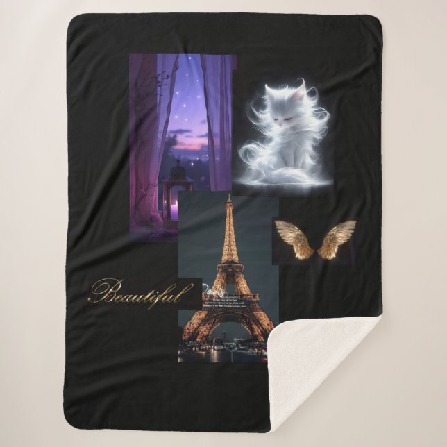 Cosy Eclectic Blanket – Eiffel Tower, Furry Cat &  (Front)