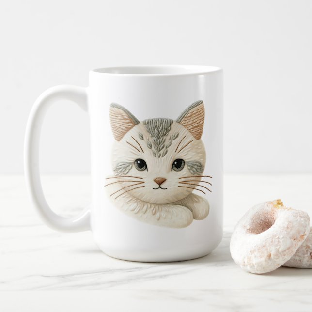Cosy Embroidered Kitty Coffee Cup for Cat Lovers (With Donut)