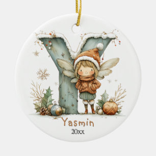 Cosy Fairy Christmas Initial Personalised Holiday  Ceramic Tree Decoration