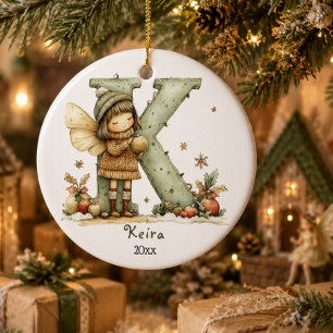 Cosy Fairy Christmas Initial Personalised Holiday  Ceramic Tree Decoration