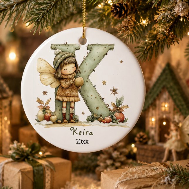 Cosy Fairy Christmas Initial Personalised Holiday  Ceramic Tree Decoration (Creator Uploaded)