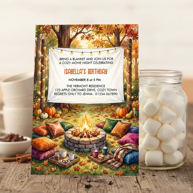 Cosy Fall Backyard Movie Night Campfire Birthday Invitation (Fall birthday invitation for movie night by Darling & May (order printed or digital))