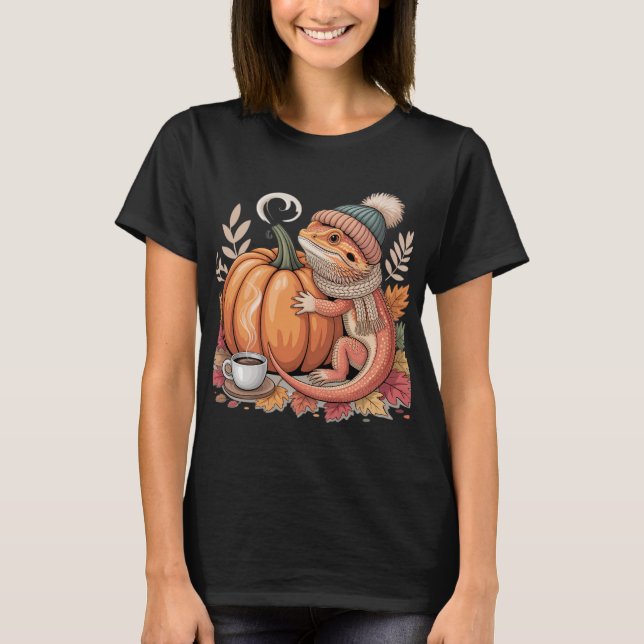 Cosy Fall Bearded Dragon with Coffee Art T-Shirt (Front)