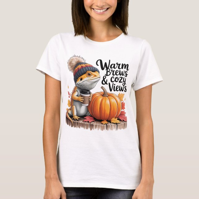 Cosy Fall Bearded Dragon with Coffee T-Shirt (Front)