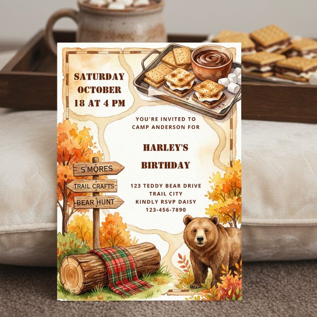 Cosy Fall Camping Birthday Camp Smores Bear Invitation (Camping theme birthday invitation by Darling & May)