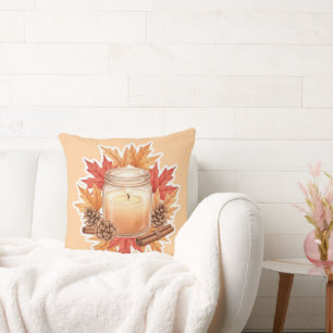 Cosy Fall Candle with Maple Leaves   Autumn Design Cushion