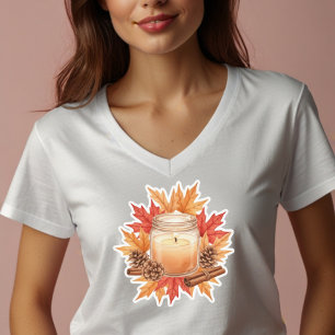 Cosy Fall Candle with Maple Leaves Autumn Design T-Shirt