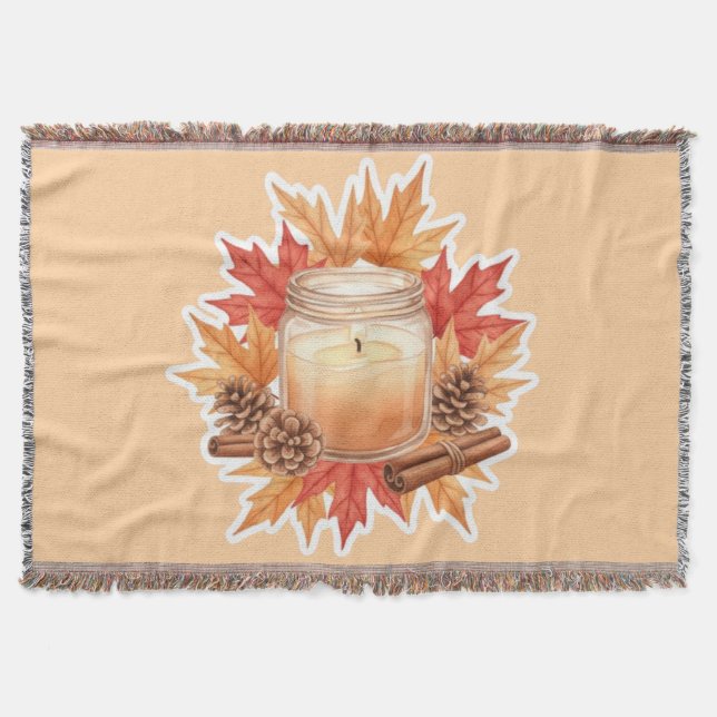 Cosy Fall Candle with Maple Leaves | Autumn Design Throw Blanket (Front)