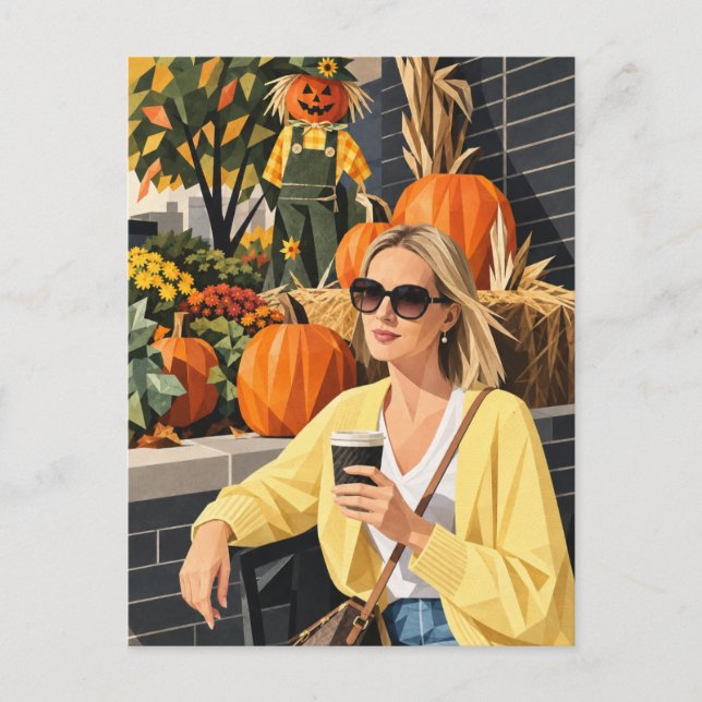 Cosy Fall Coffee & Pumpkins Geometric Art Postcard (Front)