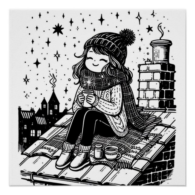 Cosy Fall Girl On Roof Black & White Colouring Pag Poster (Front)