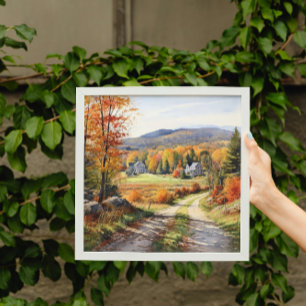 Cosy Fall In Vermont Farm Watercolor Art Poster