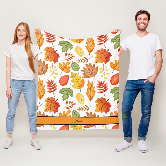 Cosy Fall Leaves Personalised Name  Fleece Blanket (In Situ)