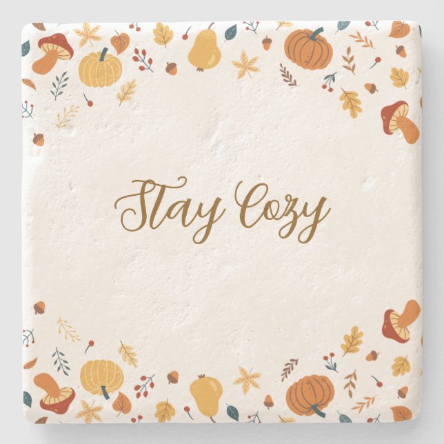 Cosy Fall Pumpkin & Autumn Leaves Rustic Stone Coaster (Front)