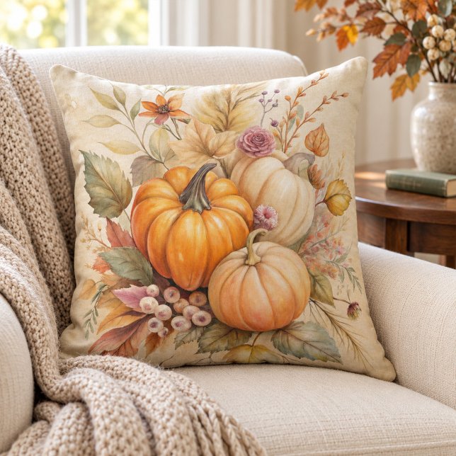 Cosy Fall Pumpkins and Berries Throw Pillow (Cozy Fall Pumpkins and Berries Throw Pillow)