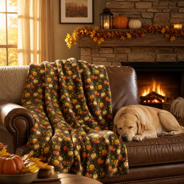 Cosy Fall Season Pumpkin Pattern on Brown  Fleece Blanket (Creator Uploaded)