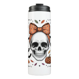 Cosy Fall Skull Coquette Bow, Autumn Thermal Tumbler
