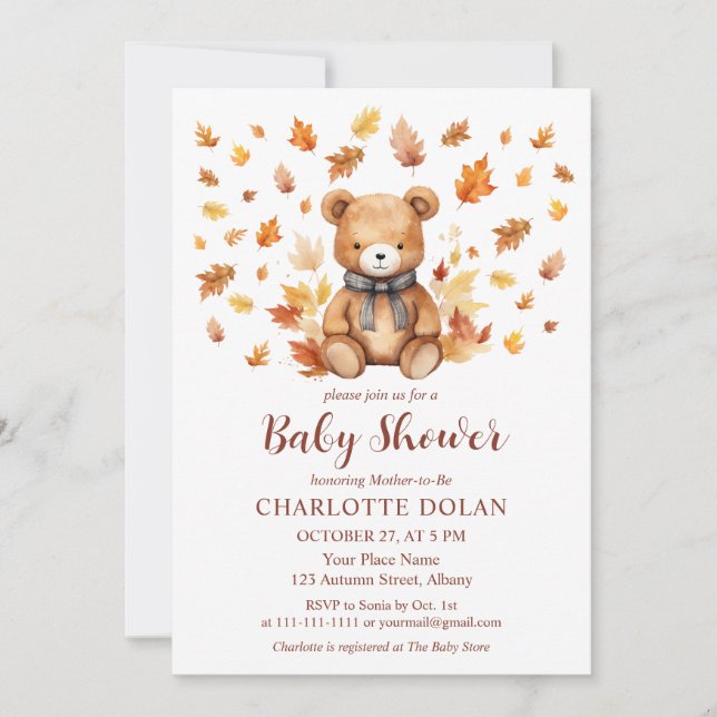 Cosy Fall Teddy Bear Baby Shower Invitation (Front)