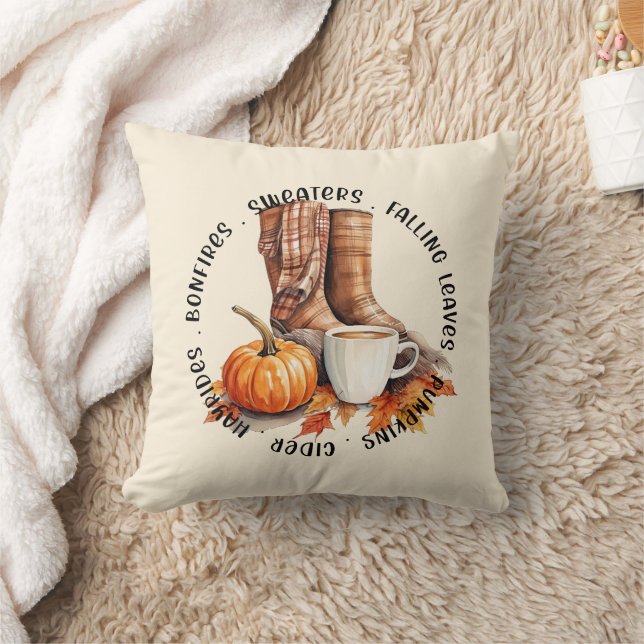 Cosy Fall Vibes – Boots, Pumpkin Spice, Bonfires Cushion (Blanket)