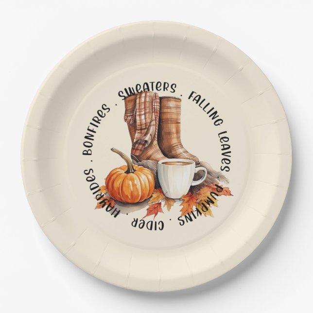 Cosy Fall Vibes – Boots, Pumpkin Spice, Bonfires Paper Plate (Front)