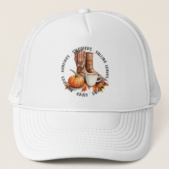 Cosy Fall Vibes – Boots, Pumpkin Spice, Bonfires Trucker Hat (Front)