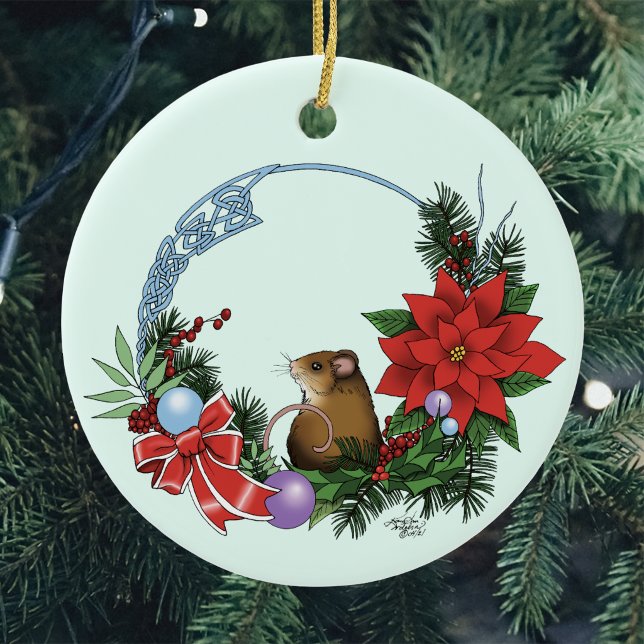 Cosy Festive Illustrative Christmas Mouse Wreath Ceramic Tree Decoration (Creator Uploaded)
