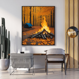 Cosy Fire and Log Cabin Unique Forest   Scene Poster
