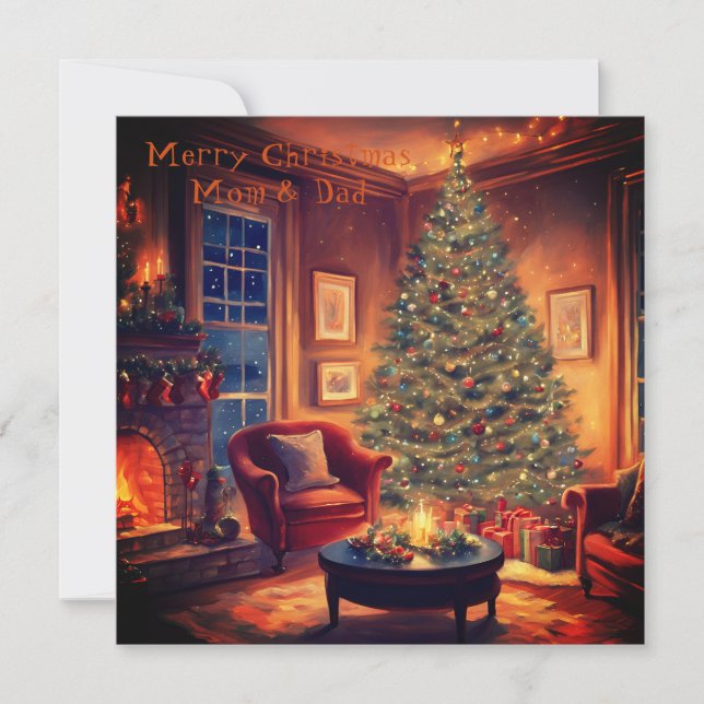 Cosy Fireplace And Christmas Tree | Mum And Dad Holiday Card (Front)
