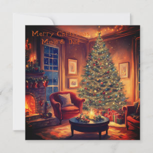 Cosy Fireplace And Christmas Tree   Mum And Dad Holiday Card