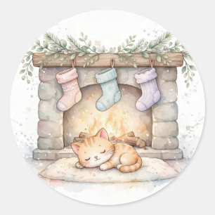 Cosy Fireplace Cat Christmas Sticker